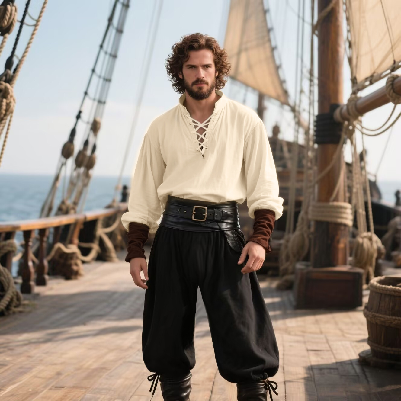 Medieval Gothic Lace Up Pirate Shirt - Halloween Pirate Costume Men's Medieval Renaissance