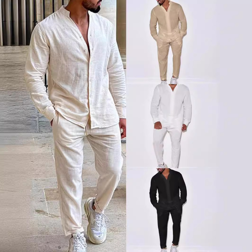 Mens Sets Linen Spring Autumn  - đánh giá và giá Mens Linen Shirt Long Sleeve